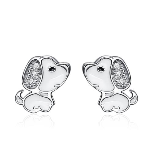 Pendientes de Micro Pavé de Zirconía Cúbica en Plata de Ley, plata de ley 925, Perro, micro arcilla de zirconia cúbica & para mujer & pegamento de gota, color de platina, 6x8.50mm, Vendido por Par