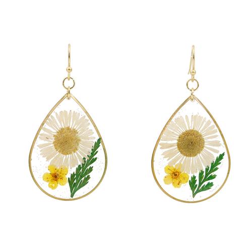 Pressed Dried Flower Jewelry  Brass with Dried Flower & Resin epoxy gel for woman golden Sold By Pair