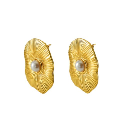 Roestvrij staal Stud Earrings, 304 roestvrij staal, met Plastic Pearl, 18K verguld, mode sieraden & voor vrouw, gouden, 34x31mm, Verkocht door pair