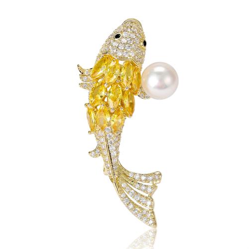 Zinklegering broches, Zinc Alloy, met Cubic Zirconia & Plastic Pearl, Vis, gold plated, mode sieraden & voor vrouw & met strass, gemengde kleuren, nikkel, lood en cadmium vrij, 30x52mm, Verkocht door PC