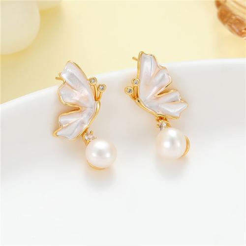 Ciúbach Zirconia Micrimhilseogra réiteodh Earring Prás, le Bán Shell & Pearl Plaisteacha, Féileacán, jewelry faisin & micrea réiteach zirconia ciúbach & do bhean, 9.85x24.70mm, Díolta De réir Péire