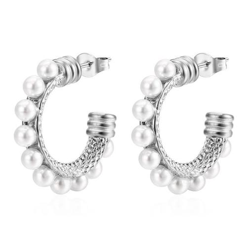 Rostfritt stål Stud Örhängen, 304 rostfritt stål, med Plast Pearl, Letter C, mode smycken & för kvinna, fler färger för val, 24.50x25.20mm, Säljs av Par