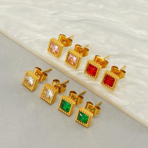 Roestvrij staal Stud Earrings, 304 roestvrij staal, Square, 18K verguld, mode sieraden & micro pave zirconia & voor vrouw, gouden, 7mm, Verkocht door pair