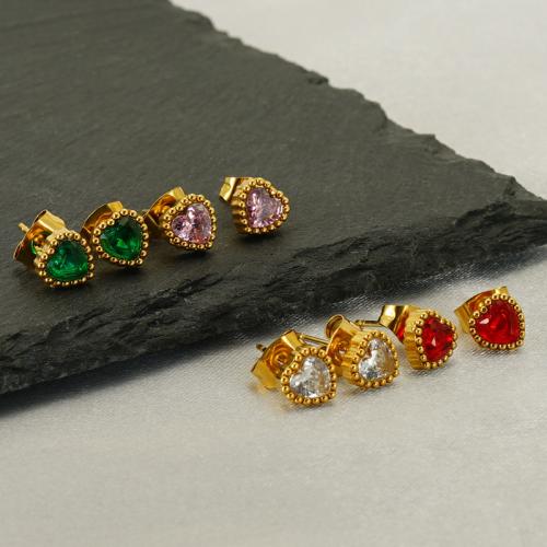 Roestvrij staal Stud Earrings, 304 roestvrij staal, Hart, 18K verguld, mode sieraden & micro pave zirconia & voor vrouw, gouden, 7mm, Verkocht door pair