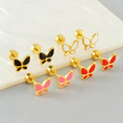 Roestvrij staal Stud Earrings, 304 roestvrij staal, Vlinder, 18K verguld, mode sieraden & voor vrouw & glazuur, meer kleuren voor de keuze, 8x6mm, Verkocht door pair