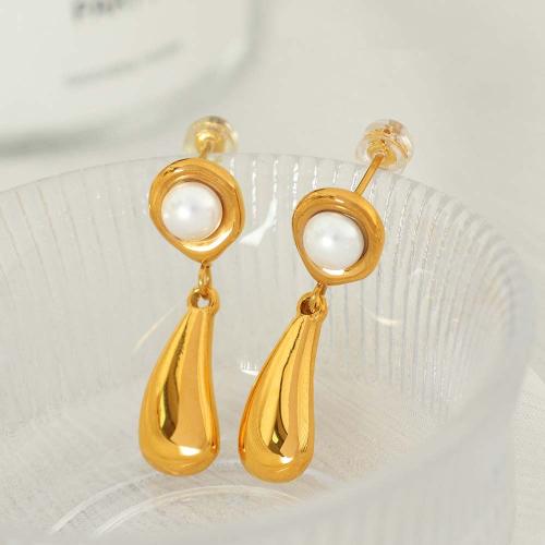 Titanium Staal Earring, met Plastic Pearl, plated, mode sieraden, meer kleuren voor de keuze, 9.50x32mm, Verkocht door pair