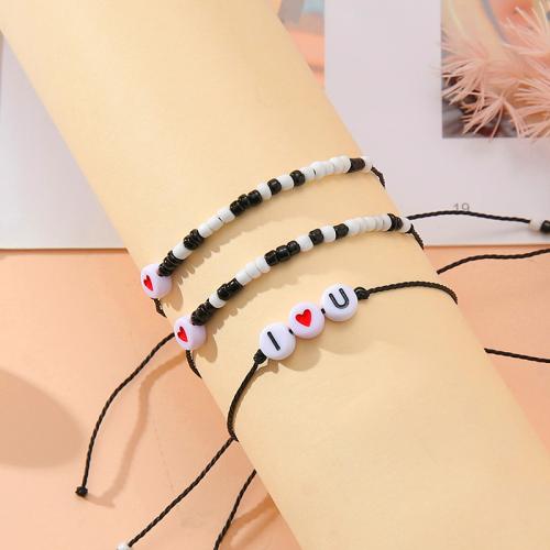 Moda crear pulseras de cordón de cera, Seedbead, con Cordón de cera & Acrílico, hecho a mano, 2 piezas & unisexo, en blanco y negro, longitud aproximado 16-28 cm, Vendido por Set