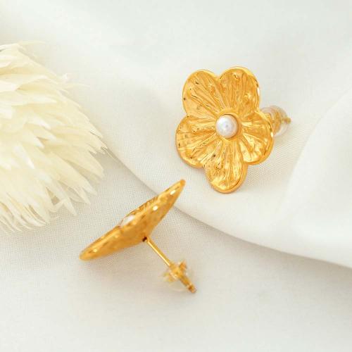 Tíotáiniam Cruach Earring, Cruach Tíotáiniam, le Pearl Plaisteacha, Flower, plátáilte, jewelry faisin, órga, 22.40x21.90mm, Díolta De réir Péire