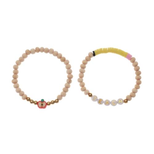 Pulseiras de madeira, argila de polímero, with madeira & Aço inoxidável 304 & acrilico, 2 peças & para mulher, beige, comprimento Aprox 16-30 cm, vendido por Defina