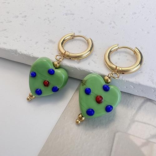 Huggie hoepel Drop Earrings, 304 roestvrij staal, met Lampwork, mode sieraden & voor vrouw, meer kleuren voor de keuze, 38x15mm, Verkocht door pair