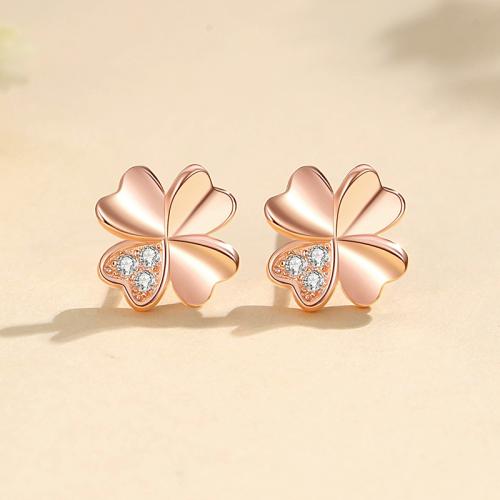 Cubic Zirconia Micro άνοιγαν Sterling Silver Σκουλαρίκι, 925 ασημένιο ασήμι, Four Leaf Clover, κοσμήματα μόδας & διαφορετικά στυλ για την επιλογή & για τη γυναίκα & με στρας, περισσότερα χρώματα για την επιλογή, 9x9mm, Sold Με Ζεύγος