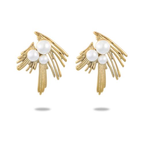 Stainless Steel Stud Earrings 304 Stainless Steel with Plastic Pearl plated & for woman golden Sold By Pair