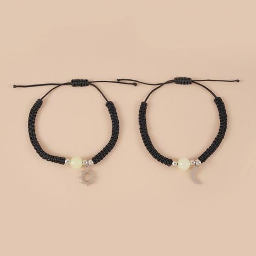 Casal pulseira e bracelete, liga de zinco, with Night-Light+Stone Night-Light + Stone & Corda de poliéster, banhado, 2 peças & unissex & luminosa, preto, comprimento Aprox 16-30 cm, vendido por Defina