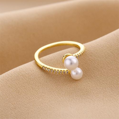 Messing fingerring, med Plastic Pearl, mode smykker & for kvinde & med rhinestone, gylden, Størrelse:7, Solgt af PC