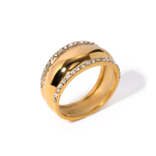 Anillo de dedo acero inoxidable del Rhinestone, acero inoxidable 304, 18K chapado en oro, diverso tamaño para la opción & para mujer & con diamantes de imitación, dorado, width 9.8mm, Vendido por UD