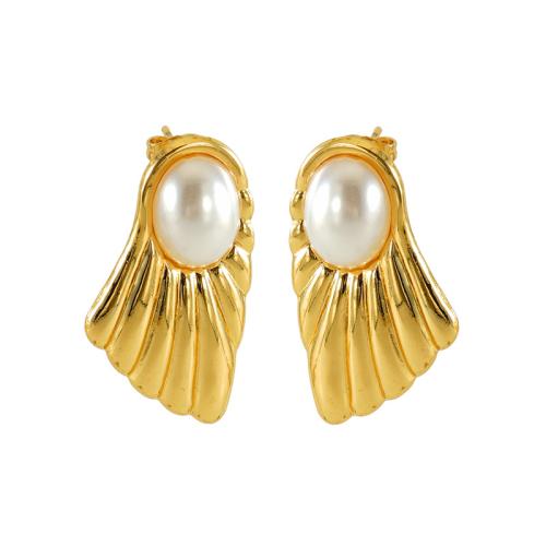 Roestvrij staal Stud Earrings, 304 roestvrij staal, met Plastic Pearl, 18K verguld, mode sieraden & voor vrouw, gouden, 35x19mm, Verkocht door pair