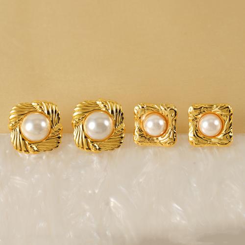 Roestvrij staal Stud Earrings, 304 roestvrij staal, met Plastic Pearl, 18K verguld, mode sieraden & verschillende stijlen voor de keuze & voor vrouw, gouden, Verkocht door pair