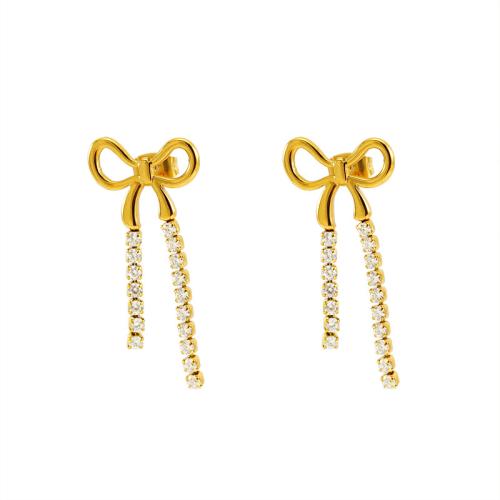 Roestvrij staal Stud Earrings, 304 roestvrij staal, Strik, 18K verguld, mode sieraden & voor vrouw & met strass, gouden, 15x34mm, Verkocht door pair