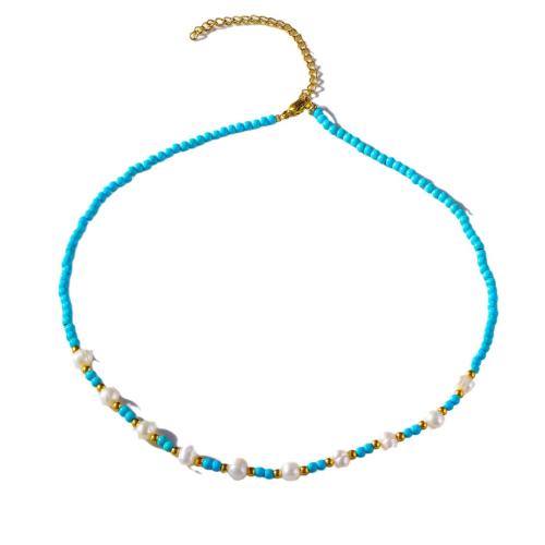 Collana in acciaio inossidabile, 304 acciaio inox, with Seedbead & perla in plastica, placcato, per la donna, blu, Venduto da PC