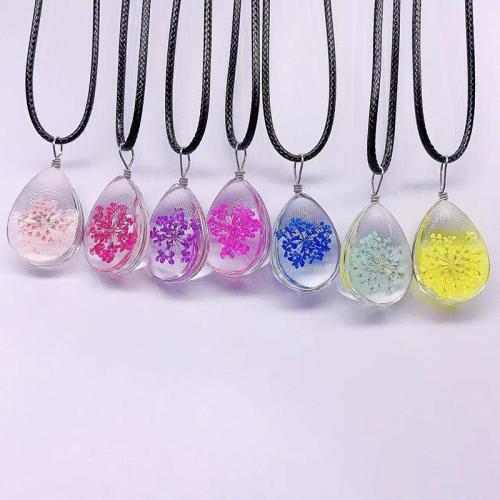 Bijoux de fleurs séchées pressées, verre, avec Fleurs séchées & corde de cire, pour femme, plus de couleurs à choisir, Longueur Environ 41-50 cm, Vendu par PC