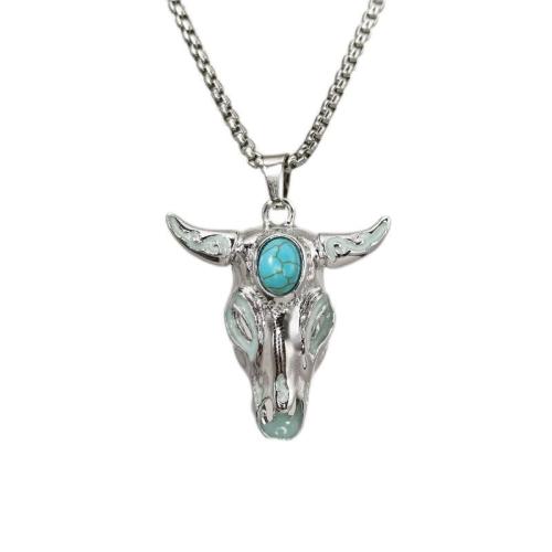 alliage de zinc collier, avec turquoise synthétique & Acier inoxydable 304, Corne, Placage, pour homme & lumineux, plus de couleurs à choisir, Longueur Environ 27.6 pouce, Vendu par PC