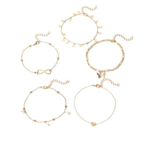 fundición pulsera tobillera, con Perlas plásticas, chapado en color dorado, 5 piezas & para mujer, Vendido por Set