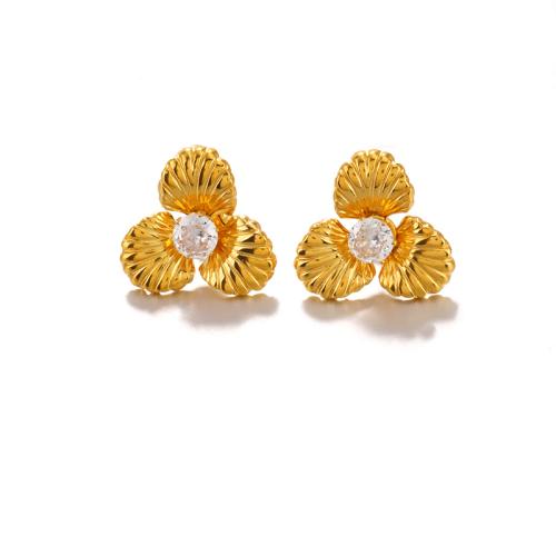 304 roestvrij staal Stud Earring, Bloem, gold plated, micro pave zirconia & voor vrouw, 23x23mm, Verkocht door pair