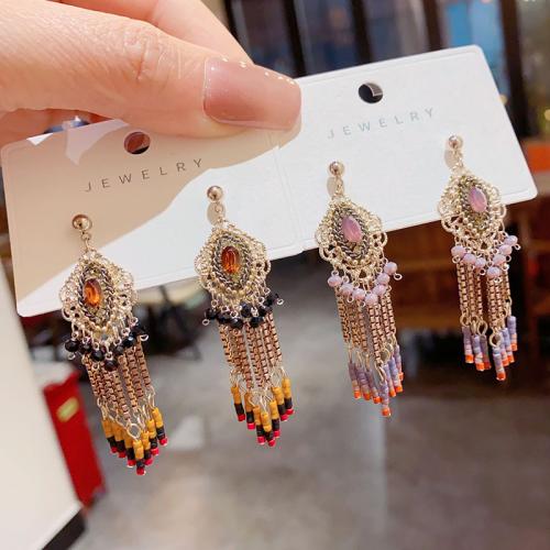 Messing Tassel Earring, met Seedbead & Kristal, Geometrisch Patroon, echt goud verguld, Vintage & voor vrouw & met strass, meer kleuren voor de keuze, 16x57mm, Verkocht door pair