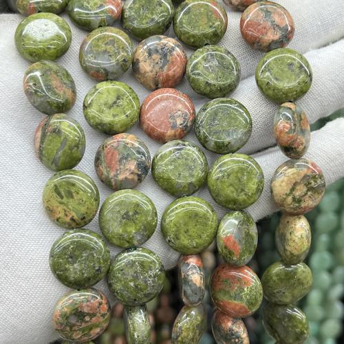 Unakite Gyöngyök, Lapos kerek, divat ékszerek & DIY, kevert színek, 15mm, Naponta eladott Kb 38 cm Strand