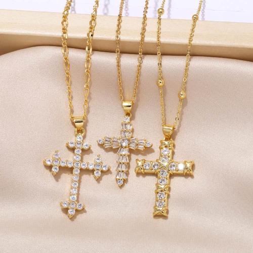 Cubic Zircon Micro Pave Brass Necklace with 5cm extender chain Cross plated fashion jewelry & micro pave cubic zirconia golden nickel lead & cadmium free Length 45 cm Sold By PC