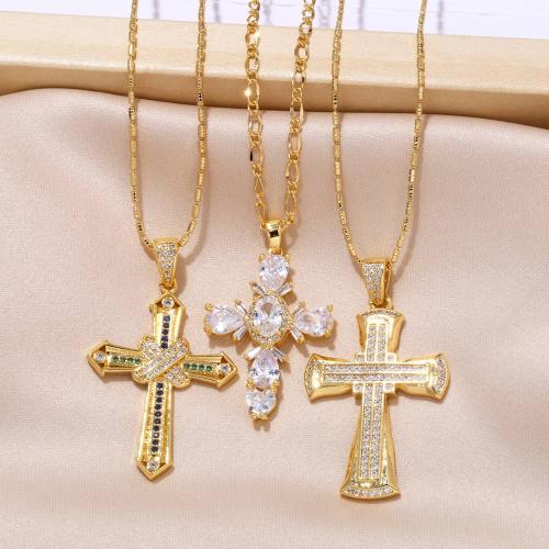 Cubic Zircon Micro Pave Brass Necklace Cross plated fashion jewelry & micro pave cubic zirconia golden nickel lead & cadmium free Sold By PC