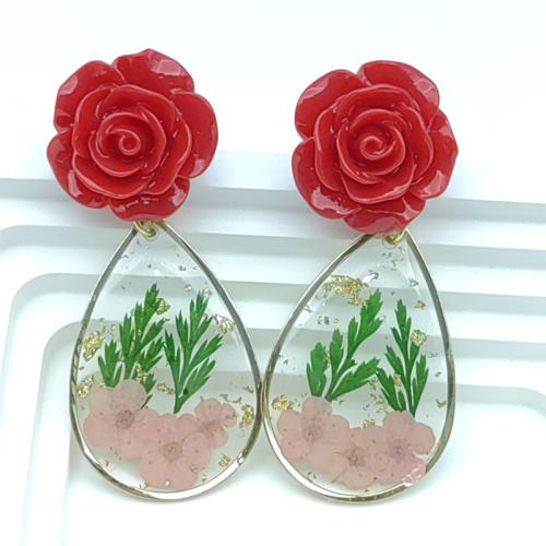 Bijoux de fleurs séchées pressées, alliage de zinc, avec Fleurs séchées & résine & Acrylique, fait à la main, styles différents pour le choix & pour femme, plus de couleurs à choisir, Vendu par paire