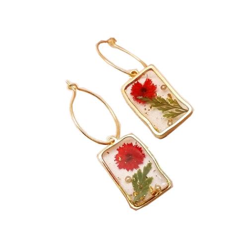 Bijoux de fleurs séchées pressées, laiton, avec Fleurs séchées & résine, goutté d'époxy, pour femme, doré, Vendu par paire