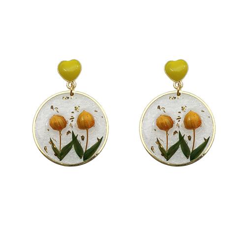 Bijoux de fleurs séchées pressées, laiton, avec Fleurs séchées & résine, goutté d'époxy, pour femme, doré, Vendu par PC