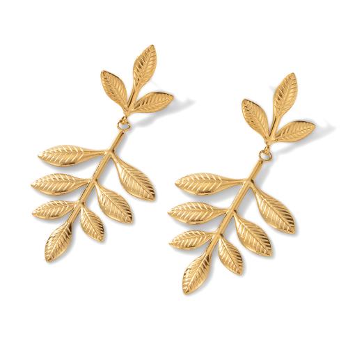 304 roestvrij staal Drop Earring, Blad, gold plated, mode sieraden & voor vrouw, 31.50x60mm, Verkocht door pair