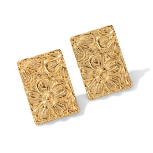 304 roestvrij staal Stud Earring, Rechthoek, gold plated, Vintage & met bloempatroon & voor vrouw, 18x26mm, Verkocht door pair