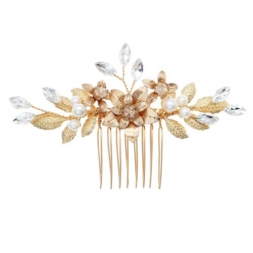 Decoratieve Kammen, Zinc Alloy, met Kristal & Plastic Pearl, voor vrouw & met strass, gouden, 100x62mm, Verkocht door PC