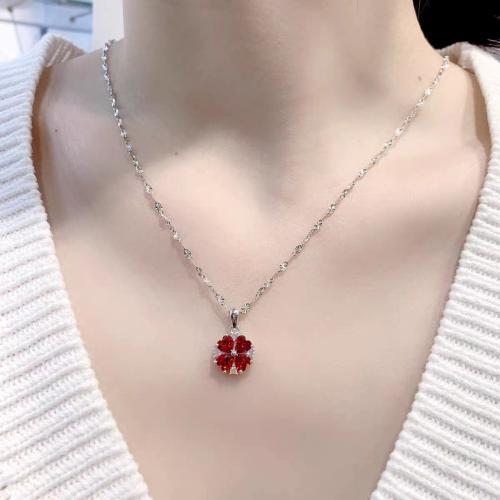 Kubieke Zircon Micro effenen Sterling zilveren ketting, 925 Sterling Zilver, met Robijn, met 5CM extender keten, Four Leaf Clover, micro pave zirconia & voor vrouw, platina kleur, Lengte Ca 40 cm, Verkocht door PC