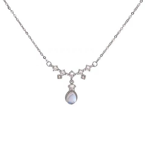 Zircon cubique Micro Pave collier en argent Sterling, argent sterling 925, avec Moonstone, avec 5CM chaînes de rallonge, pavé de micro zircon & pour femme, couleur platine, Longueur Environ 40 cm, Vendu par PC