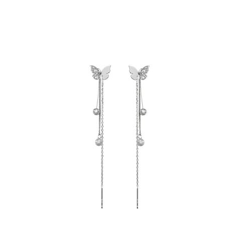 925 Boucles d’oreilles Sterling Silver Drop & Dangle, argent sterling 925, avec perle de plastique, papillon, pour femme, couleur platine, 80mm, Vendu par paire