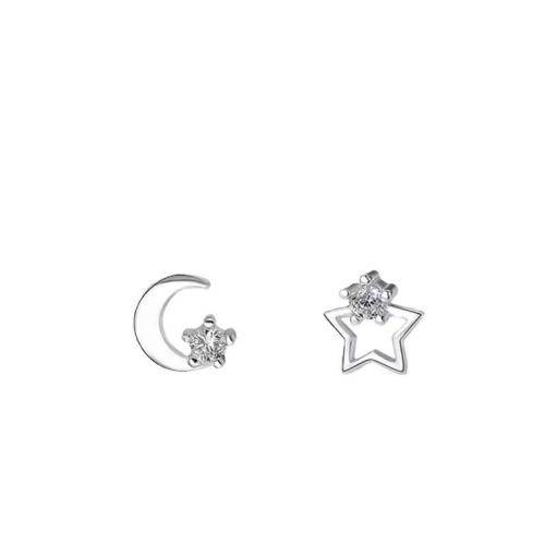 Ciúbach Zirconia Micrimhilseogra réiteach Sterling Silver Earring, 925 Sterling Silver, Moon agus Star, micrea réiteach zirconia ciúbach & do bhean, airgid, 5.50x5.60mm, Díolta De réir Péire