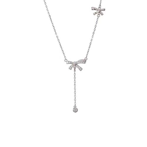 Kubieke Zircon Micro effenen Sterling zilveren ketting, 925 Sterling Zilver, met 5CM extender keten, Strik, micro pave zirconia & voor vrouw, platina kleur, Lengte Ca 40 cm, Verkocht door PC