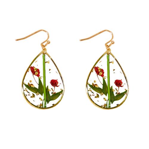 Brass Drop Earring with Dried Flower & Resin epoxy gel for woman golden Sold By Pair