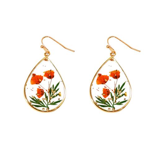 Brass Drop Earring with Dried Flower & Resin epoxy gel for woman golden Sold By Pair