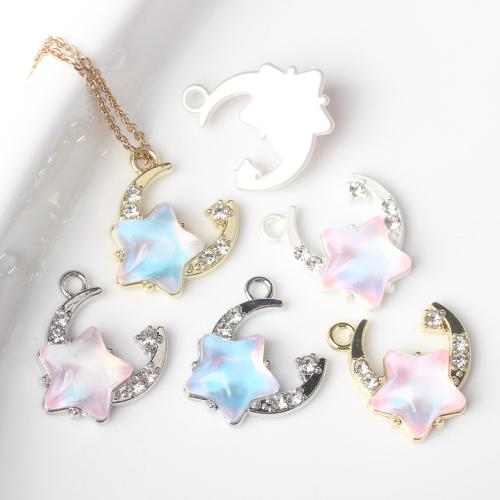 Resin zinklegering hangers, Zinc Alloy, met Cubic Zirconia & Hars, Maan en Ster, plated, mode sieraden & DIY, meer kleuren voor de keuze, nikkel, lood en cadmium vrij, 15x17x5mm, Ca 100pC's/Bag, Verkocht door Bag