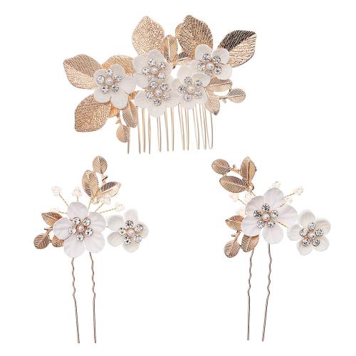 Mixed Hair Accessories Zinc Alloy hair comb & hair stick with Polyester three pieces & for woman & with rhinestone golden Sold By Set