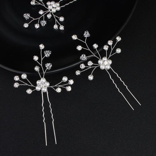 Hair Stick Zinc Alloy with Plastic Pearl fashion jewelry & for woman & with rhinestone silver color Sold By PC