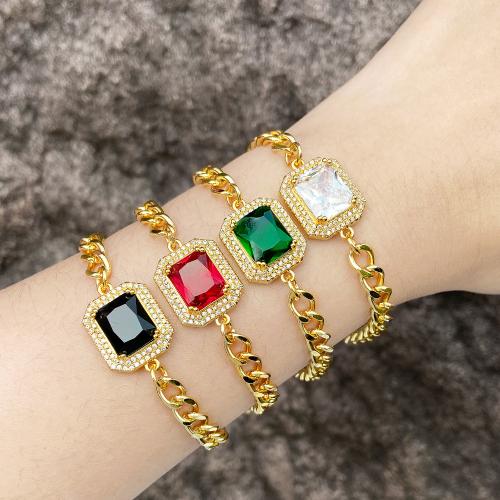 Bracelet cubique en laiton zircon pavent, avec 5cm chaînes de rallonge, Placage, bijoux de mode & pavé de micro zircon, plus de couleurs à choisir, protéger l'environnement, sans nickel, plomb et cadmium, Longueur 14 cm, Vendu par PC