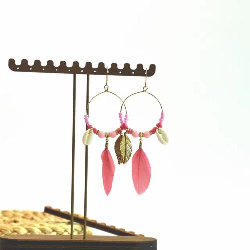 Mode Feather Earring, Veer, met Seedbead & Schelp & Zinc Alloy, gold plated, mode sieraden & voor vrouw, meer kleuren voor de keuze, 35x110mm, Verkocht door pair