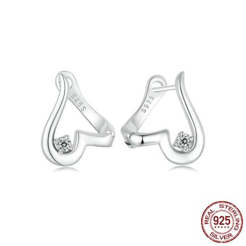 925 Sterling Sølv Håndtaget tilbage Earring, Heart, platineret, Micro Pave cubic zirconia & for kvinde, 12x15mm, Indvendig diameter:Ca. 9.5mm, Solgt af par